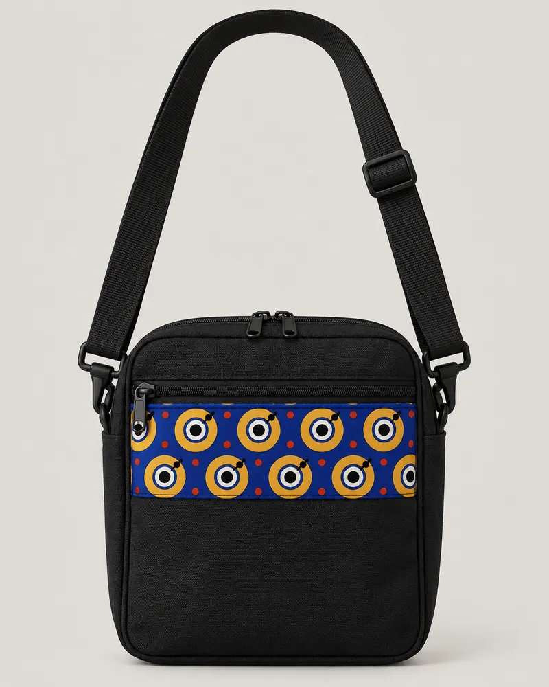 Solid black crossbody bag with a sewn wax front panel and adjustable strap. AI-generated product concept.