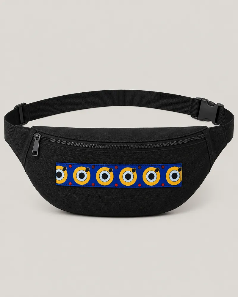 Solid black waist bag with a sewn wax front panel and black belt. AI-generated product concept.