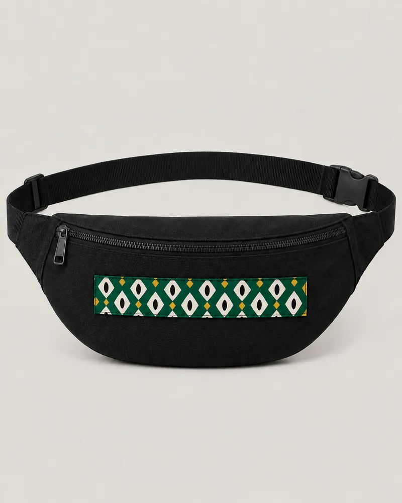 Solid black waist bag with a sewn wax front panel and black belt. AI-generated product concept.