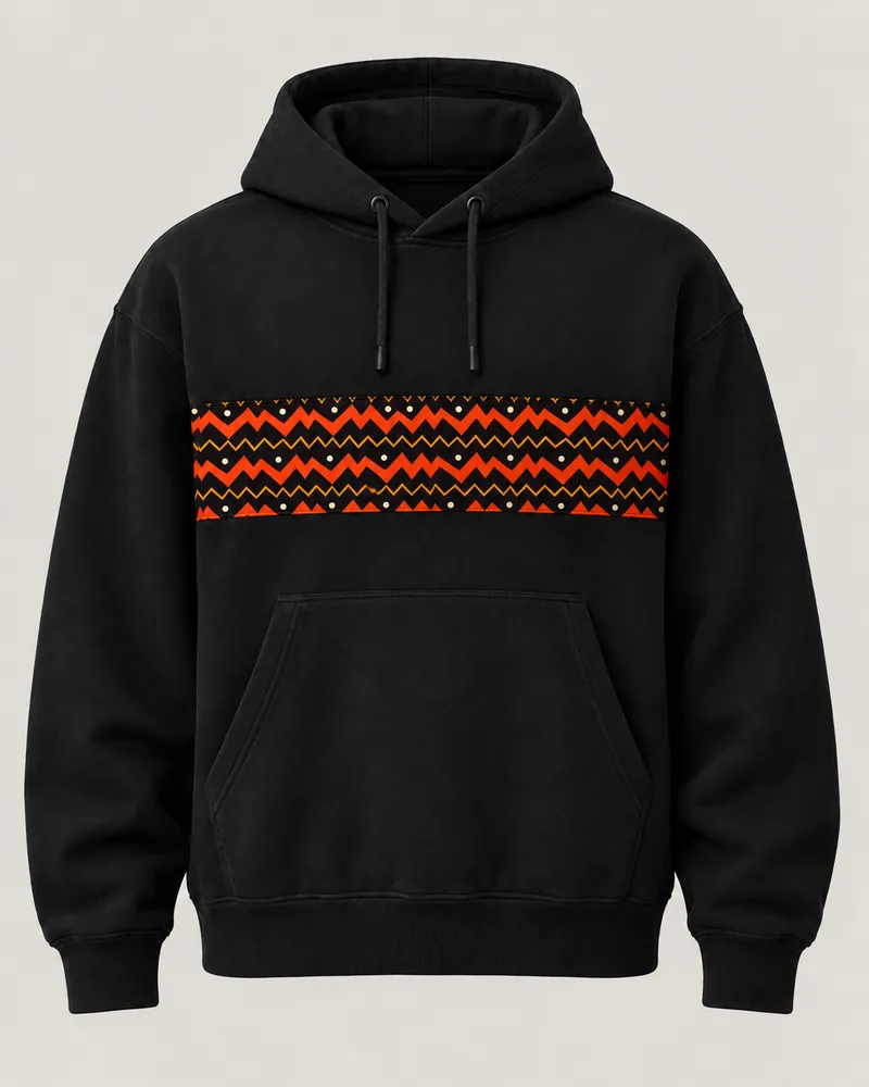 Solid black hoodie with a sewn wax chest panel, front view. AI-generated product concept.